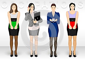 Business ocupation. Women character icons show dress office variations.