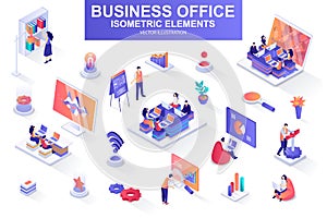 Business office bundle of isometric elements. Business analytics, project presentation, company teamwork, managers