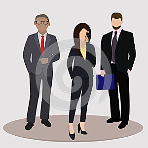 Business and office concept. Business woman and two business man. Vector illustration