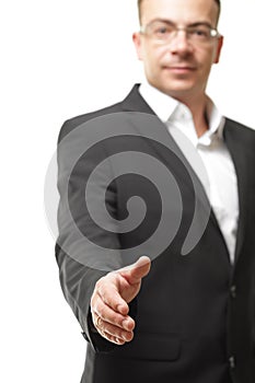 Business office concept - businessman showing shake hand symbol