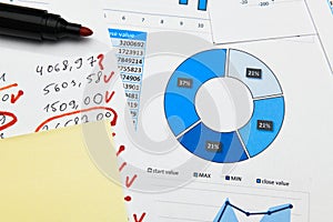 Business office desk closeup - financial reports, analysis and accounting, set of documents, tables and graphs, various items for