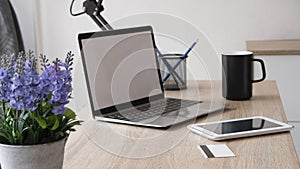 Business office desk with desktop laptop photo