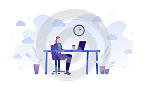 Business office employee concept. Vector flat person illustration. Woman in suit sitting at desk with coffee, clock and laptop