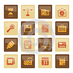 Business and office icons over brown background