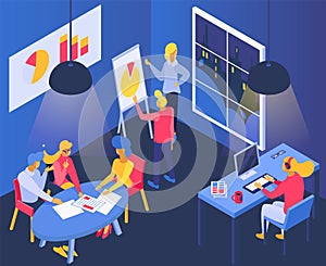 Business office, isometric vector illustration, teamwork meeting at room, flat man woman character sitting at table room