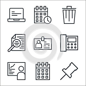 business and office line icons. linear set. quality vector line set such as pin, calendar, presentation, telephone, id card,