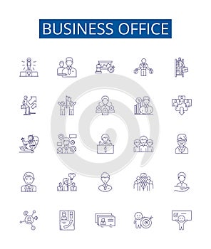 Business office line icons signs set. Design collection of Office, Business, Commercial, Desk, Furniture, Equipment