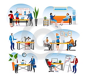 Business office with people work set, vector illustration. Team man woman character at flat job, cartoon person computer