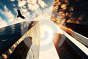 Business office skyscrapers and bald eagle flying in majestic sky