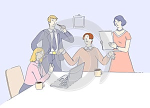 Business office workers team cooperation. Business team meetings together, teamwork group of people over the solution of task