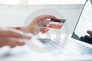Business online shopping concept. People shopping and pay by credeit card.