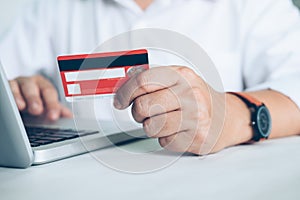 Business online shopping concept. People shopping and pay by credeit card