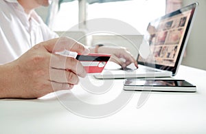 Business online shopping concept. People shopping and pay by credeit card