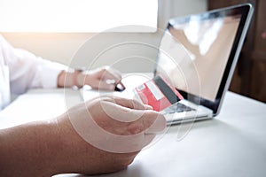 Business online shopping concept. People shopping and pay by credeit card