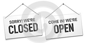 Business open closed sign. Shop door signs boards, come in and sorry we are closed outdoors signboard isolated vector