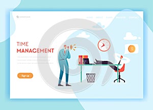 Business Overtime Landing Page Template. Working Late Concept with Lazy Office Worker and Boss Screaming in Megaphone