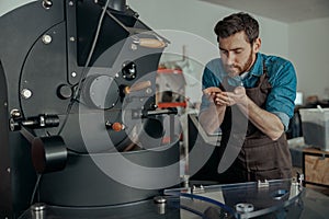 Business owner checking the aroma of freshly roasted coffee bean