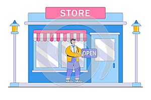Business owner and entrepreneur start retail shop, build storefront, or open an online shop concepts. Confidence businessman holds