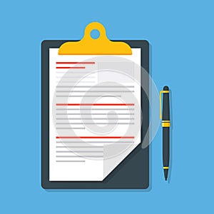 Business paper document with pen isolated on blue background in a flat style.