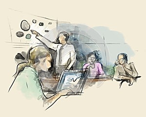 Business partners discussing ideas at meeting in office while opening laptop sketch hand drawing water color