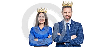 Business partners isolated on white. Two successful businesspeople in crown. Businesspeople rewarded for success