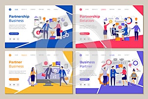 Business partners landing. Web pages template brainstorming people work partnership finance meeting strategy vector