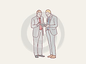 Business partners man discussing having conversation work on tablet simple korean style illustration