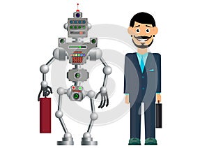 Business partners, man and robot. The development of civilization