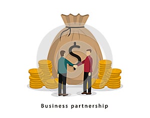 Business partners shake hands. Money transaction. Business contract. Money bag with lots of coins