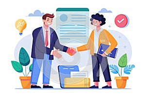Business Partners Shaking Hands in Front of Document, Two business partners shaking hands doing work contract, Simple and