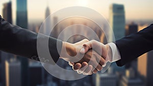 Business partners shaking hands over a skyline backdrop in the city