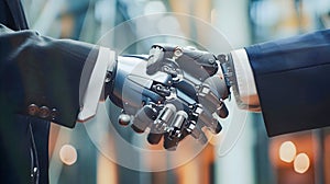 Business Partners Shaking Hands with a Robot in a Futuristic Setting