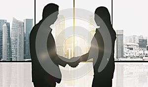 Business partners silhouettes making handshake