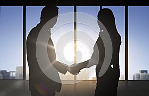 Business partners silhouettes shaking hands