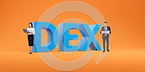 Business partners standing near big DEX sign