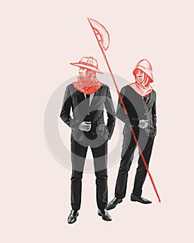 Business partners. Two men suit, with drawing medieval knight heads over light background. History of human