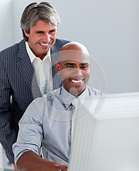 Business partners working at a computer