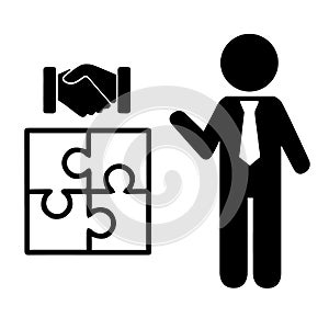 Business partnership cooperation concept. Puzzle pieces handshake businessman. Vector illustration EPS 10