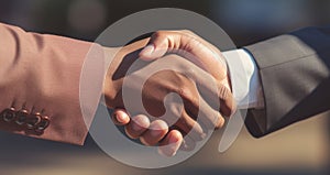 Business Partnership Handshake Between Two Colleagues. Close-Up Of Business Professionals Shaking Hands. Generative AI