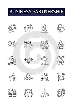 Business partnership line vector icons and signs. Alliance, Teamwork, Networking, Merger, Joint-Venture, Co-operation