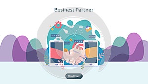 Business partnership relation concept with hand shake and tiny people character. team working together template for web landing