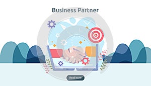 Business partnership relation concept with hand shake and tiny people character. team working together template for web landing