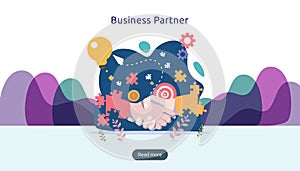 Business partnership relation concept with hand shake and tiny people character. team working together template for web landing