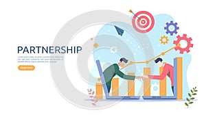 Business partnership relation concept idea with tiny people character. team working partner together template for web landing page