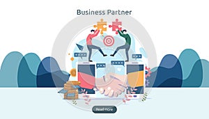 Business partnership relation concept idea with tiny people character. team working partner together template for web landing page