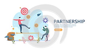 Business partnership relation concept idea with tiny people character. team working partner together template for web landing page