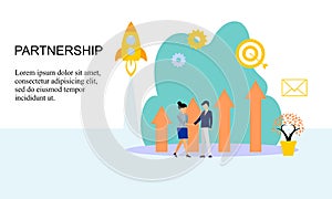 Business partnership relation concept idea with tiny people character. team working partner together template for web landing page