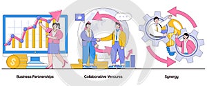 Business partnerships, collaborative ventures, synergy concept with character. Strategic alliances abstract vector illustration