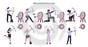 Business people aiming in target and shooting with arrow set.