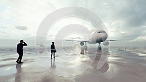 Business people at the airport go with their luggage to board a commercial plane. 3D Rendering